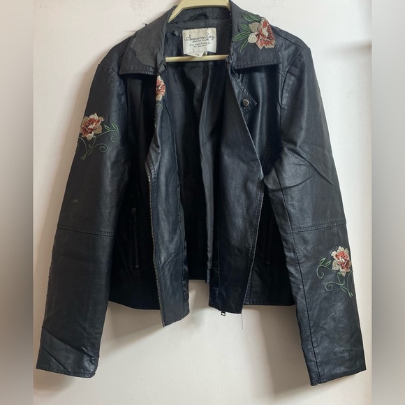 AMERICAN RAG faux leather black crop embroidered artsy jacket s lined Xl - Picture 2 of 15